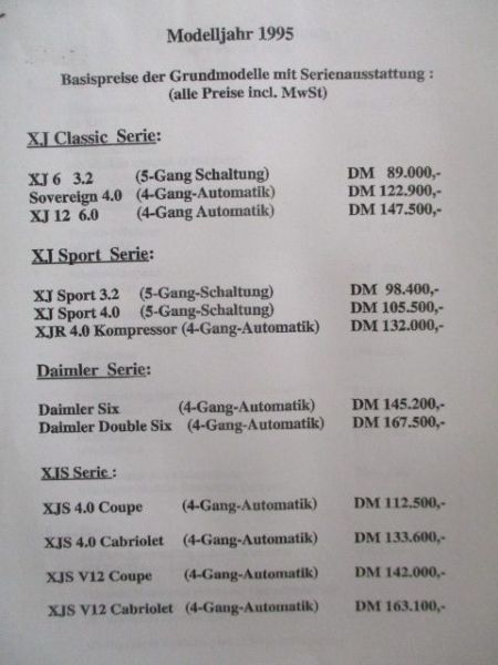 Jaguar Preisliste Modelljahr 1995