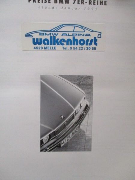 BMW 7er Reihe Preisliste E32 Januar 1993