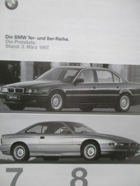 BMW 7er E38 Reihe und 8er-Reihe E31 Preisliste 3.März 1997