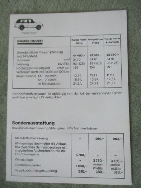 Range Rover 2-türig 4-türig Karte +Preise ohne Datum