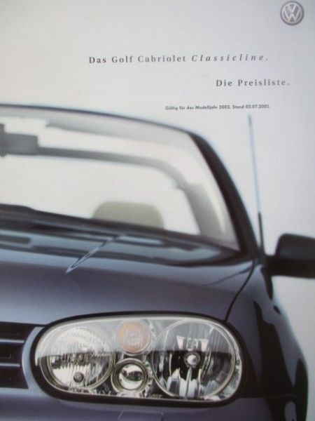 VW Golf IV Cabrolet Classicline Modelljahr 2002 Preisliste