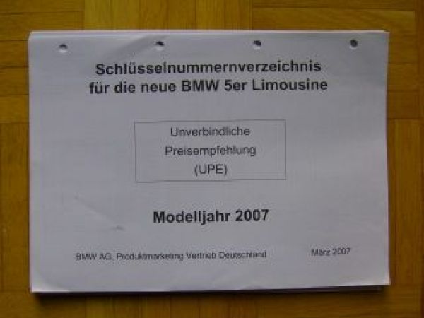 BMW Schlüsselnummern-Verzeichnis 2007 5er E60 Limousine