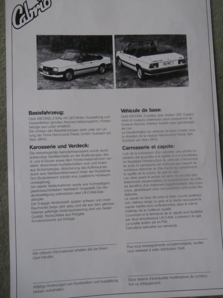Hammond & Thiede Opel Ascona Cabriolet Prospektblatt Deutsch/Französisch
