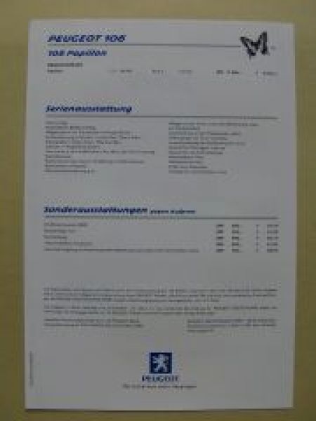 Peugeot 106 Papillon Preisliste September 2000 NEU