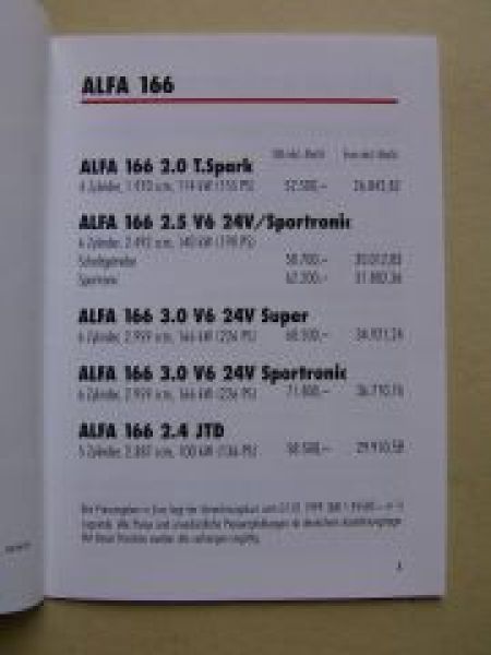 Alfa Romeo 166 Preisliste August 1999