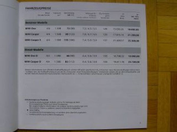 BMW Mini Clubman R56 One, Cooper +S +D August 2010 Preisliste