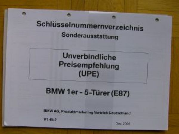 BMW Schlüsselnummernverzeichnis 1er E87 5-Türer Dezember 2006