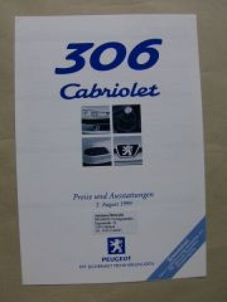 Peugeot 306 Cabriolet Preisliste 2.August 1999 NEU