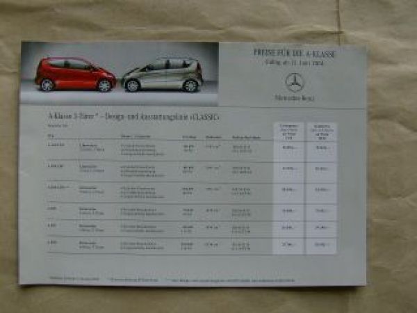 Mercedes Benz Preisliste A-Klasse 3-Türer 5-Türer BR169 Juni 200