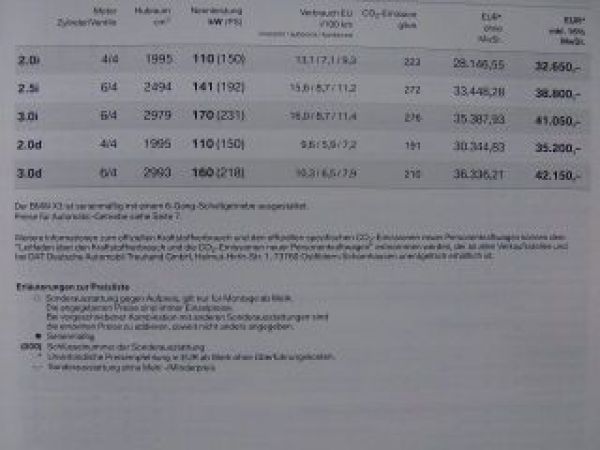 BMW Preisliste X3 E83 2.0i 2.5i 3.0i 2.0d 3.0d  September 2005