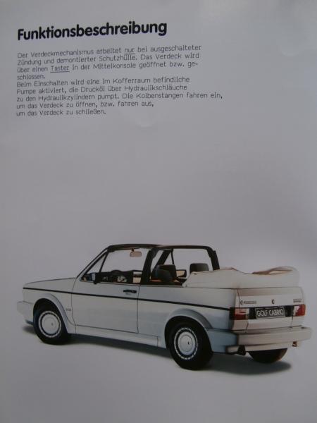 VW Golf I Typ17 Cabriolet elektrisch-hydraulische Verdeckbetätigung Konstruktion & Funktion Juni 1989
