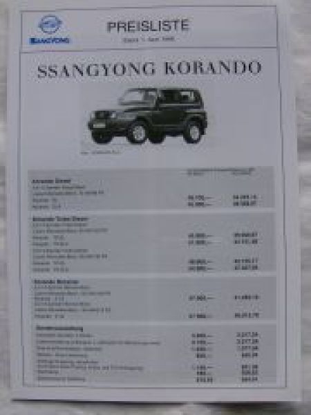 Ssangyong Korando Preisliste 1. April 1998
