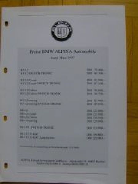 Alpina Preisliste Automobile März 1997 B3 E36 B10 E39 B12 E38
