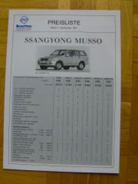 SsangYong Musso Preisliste 9/1997 NEU