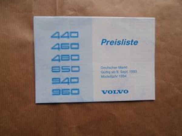 Volvo 440 460 480 850 940 960 Preisliste 9.9.1993 Mdj. 1994