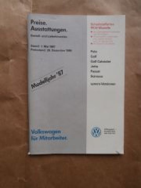 VW Mitarbeiter Preisliste Polo Golf +Cabrio Jetta Passat Scirocc