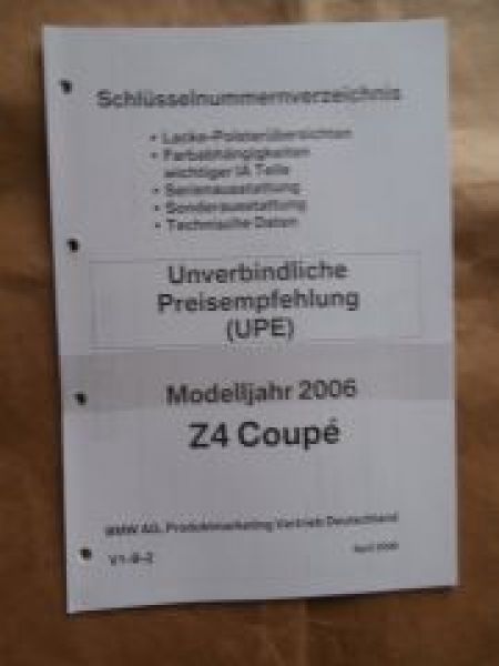 BMW Z4 Coupé Mdj. 2006 Schlüsselnummernverzeichnis
