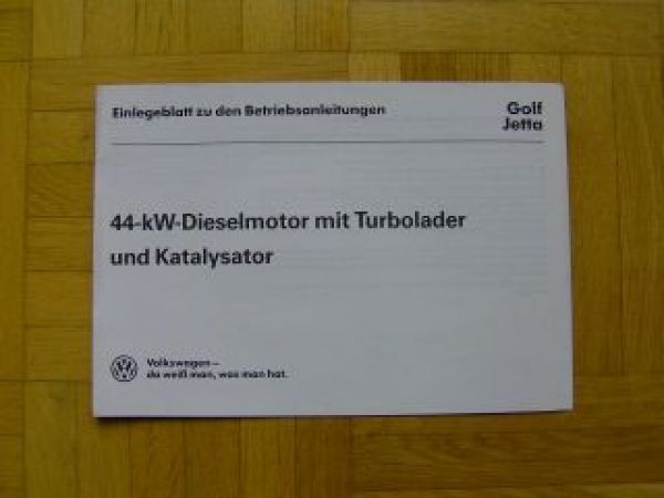 VW Golf/Jetta Einlegeblatt 44KW Dieselmotor TD Anleitung +Kat