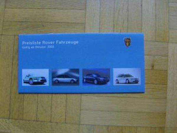 Rover Preisliste Fahrzeuge 10/2003 NEU