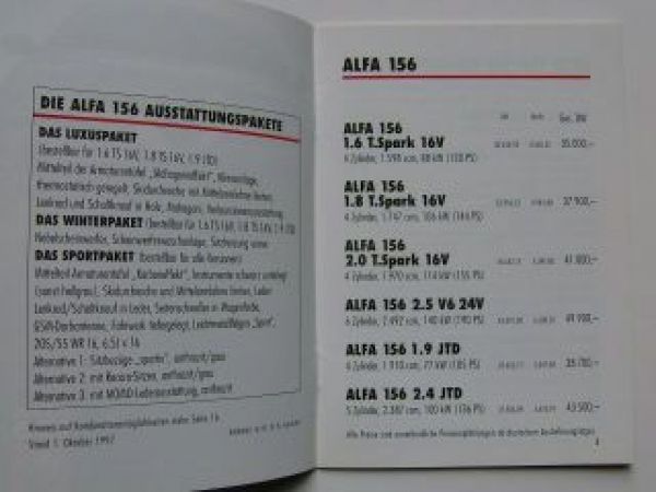 Alfa Romeo Preisliste 156 +2.4JTD +2.5V6 24V 10/1997