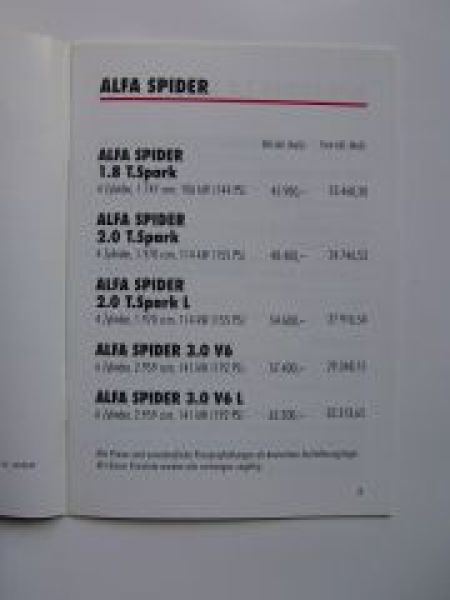 Alfa Romeo Spider Preisliste 1/1999 NEU