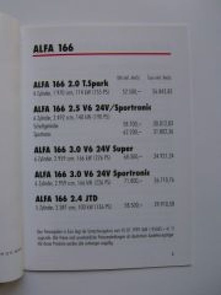Alfa Romeo 166 Preisliste 2/1999 NEU