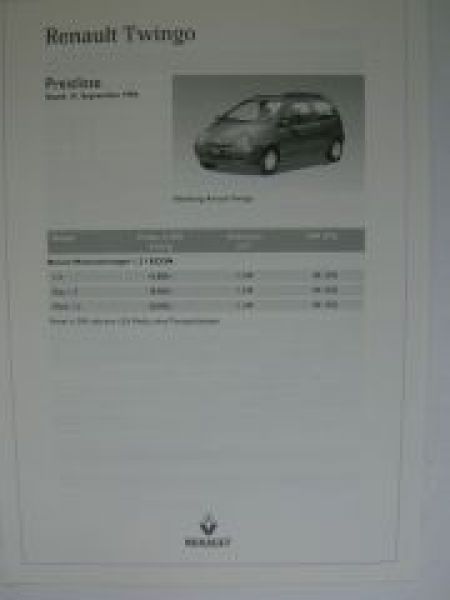 Renault Twingo Preisliste 15.September 1996 NEU