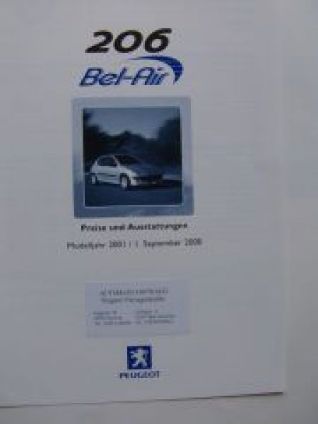 Peugeot 206 Bel-Air Preisliste 9/2000 NEU