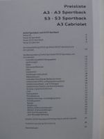 Audi Preisliste A3 +Sportback +S3 +A3 Cabrio August 2009 NEU