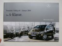 Mercedes Benz Preisliste A-Klasse BR169 Januar 2009 NEU