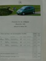 Mercedes Benz Preisliste A-Klasse BR168 Oktober 1997