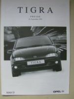 Opel Preisliste Tigra September 1999