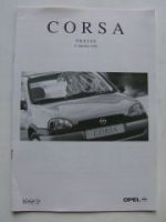 Opel Preisliste Corsa B Mai 1998 NEU
