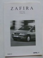 Opel Preisliste Zafira A Februar 1999 NEU