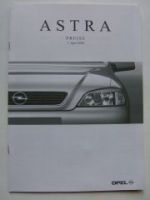 Opel Preisliste Astra Oktober 2000 NEU
