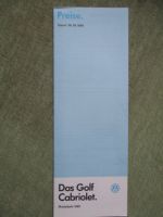 VW Golf Typ17 Cabriolet 53kw 72kw +Quartett Preisliste Modelljahr 1990