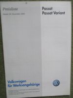 VW Passat Typ 3B TDI 4Motion 5V +Turbo +W8 +Highline Werksangehörige Preisliste 29.Dezember 2003