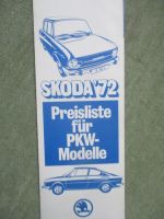 Skoda 1972 Preisliste für PKW Modelle