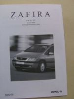 Opel Preisliste Zafira A 12.Juli 1999 NEU