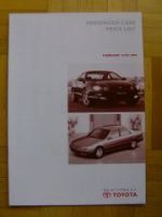 Toyota Passenger Cars Price List UK Englisch 16.2.1999 NEU